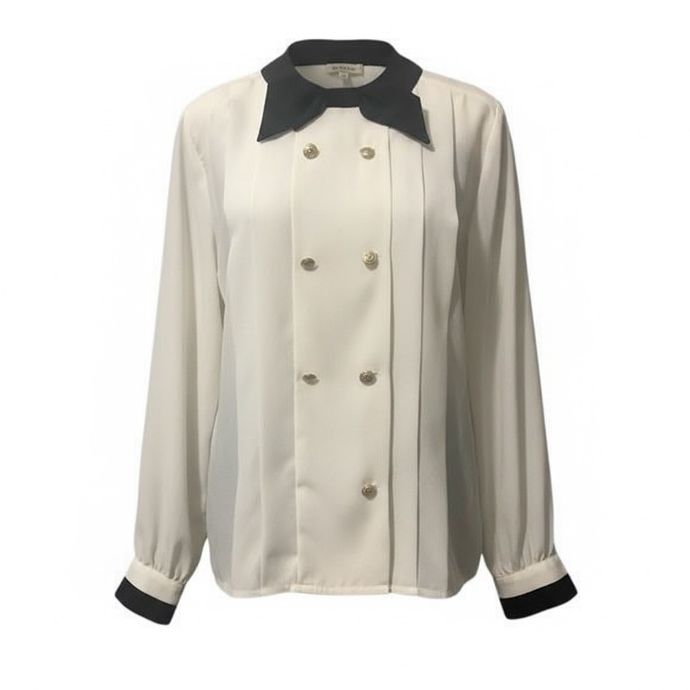 Vintage Women’s Long Sleeve Sheer Off  White/Black Bow Tie & Trim Blouse, SZ MED